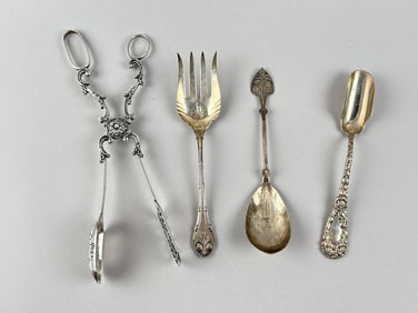 FOUR ORNATE STERLING AND COIN SILVER SERVING PIECES 19th Century Approx. 13.2 troy oz.