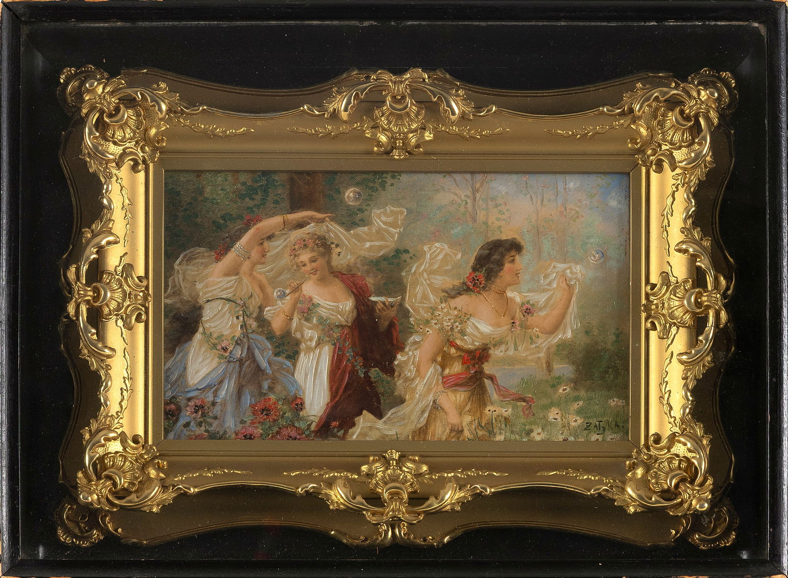 MANNER OF HANS ZATZKA (Early 20th Century,), Maidens blowing bubbles., 6.5" x 10". Framed 12" x 16". (1 of 2)