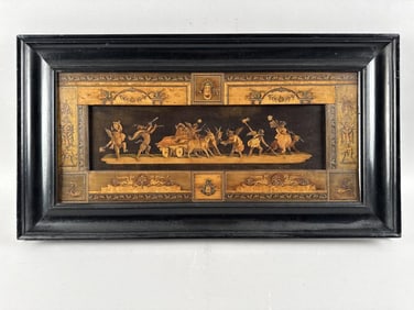 DECORATIVE MARQUETRY PANEL 20th Century 9.5" x 21" sight. Framed 14" x 26".