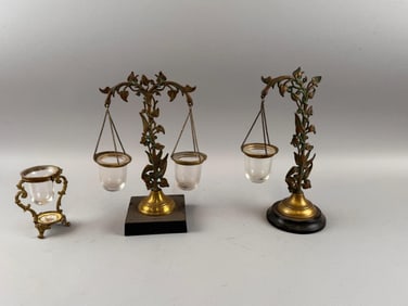 THREE METAL AND GLASS WATER FONTS 19th Century Heights from 4.25" to 10.5".