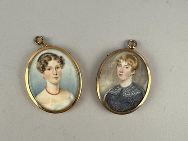 TWO PORTRAIT MINIATURES OF YOUNG LADIES Early 19th Century Overall 2.75" x 2.25".