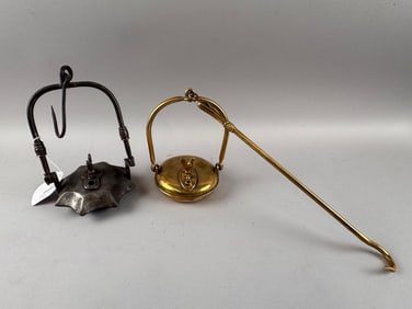 TWO HANGING FLUID LAMPS Probably France, 19th Century Heights excluding hooks 7" and 8.5".