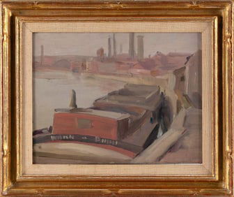 FRENCH SCHOOL (Circa 1900,), Barges on the Seine., Oil on panel, 10.25" x 13.75". Framed 15.5" x