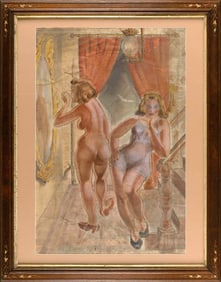 STYLE OF REGINALD MARSH (America, 20th Century), Two women by a staircase, one in lingerie and one