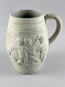 EARLY ROOKWOOD "CINCINNATI COOPERAGE COMPANY" BEER MUG Cincinnati, Early 1880s Height 7.75".