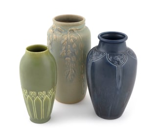 THREE ROOKWOOD POTTERY VASES Cincinnati, Early 20th Century Heights 9", 10" and 11".