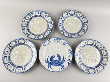 FIVE DEDHAM POTTERY PLATES Dedham, Massachusetts, Late 19th/Early 20th Century Diameters 8.5".