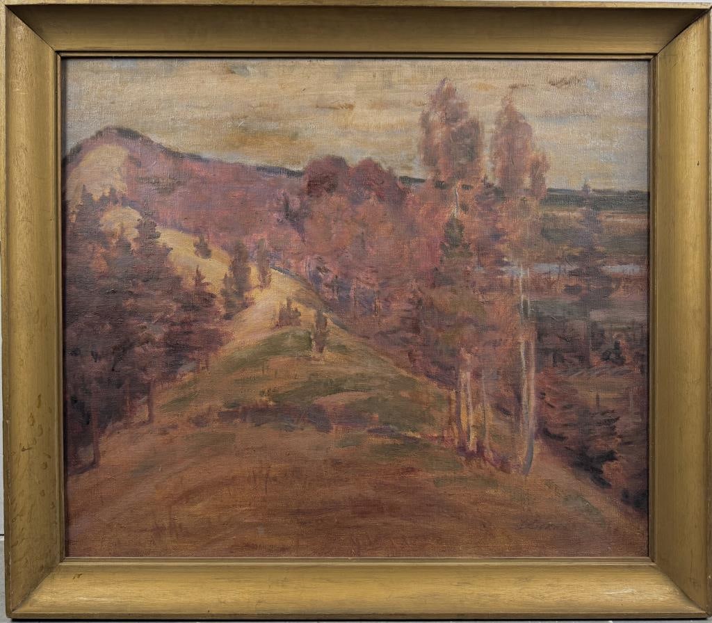 AMERICAN SCHOOL (20th Century,), Trees on a mountainside., Oil on canvas, 27" x 32". Framed 31" x: AMERICAN SCHOOL 20th Century Trees on a mountainside. Signed illegibly lower right. Oil on canvas, 27" x 32". Framed 31" x 25". Provenance: The Estate of Jim Lyons, Massachusetts.