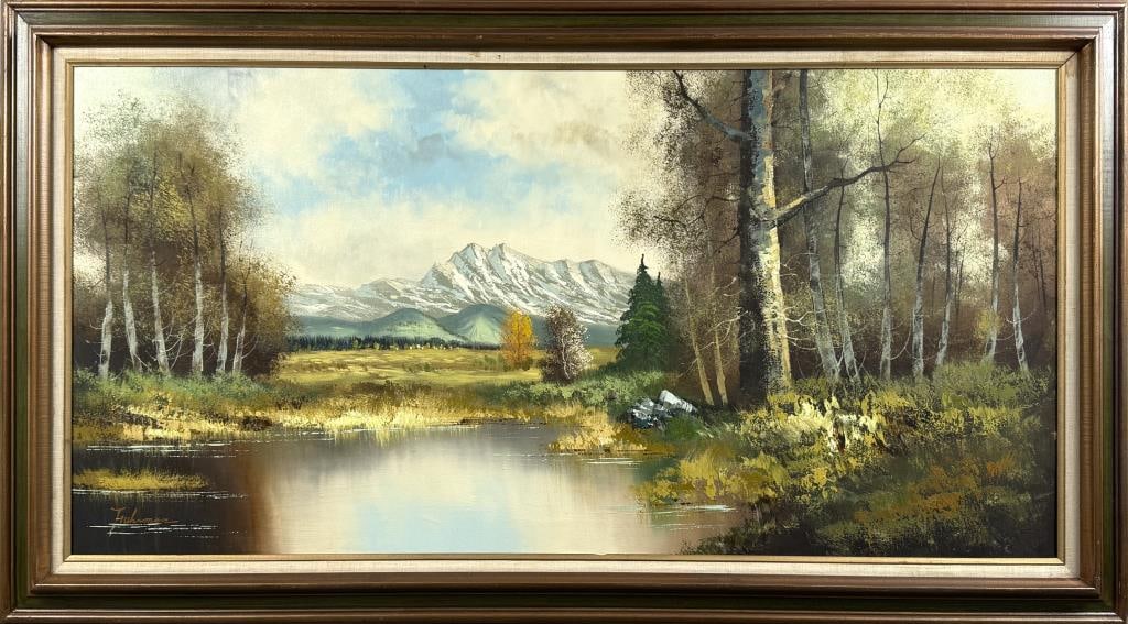 MOUNTAIN LANDSCAPE PAINTING Oil on canvas, 23.5" x 47.5". Framed 30.75" x 54.75". (1 of 2)