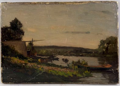 AMERICAN SCHOOL (19th Century,), Campsite by a river., Oil on canvas, 11" x 16". Unframed.