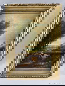 AMERICAN SCHOOL (Early 20th Century,), Fishing by a bridge., Oil on canvas, 18" x 12". Framed 22" x