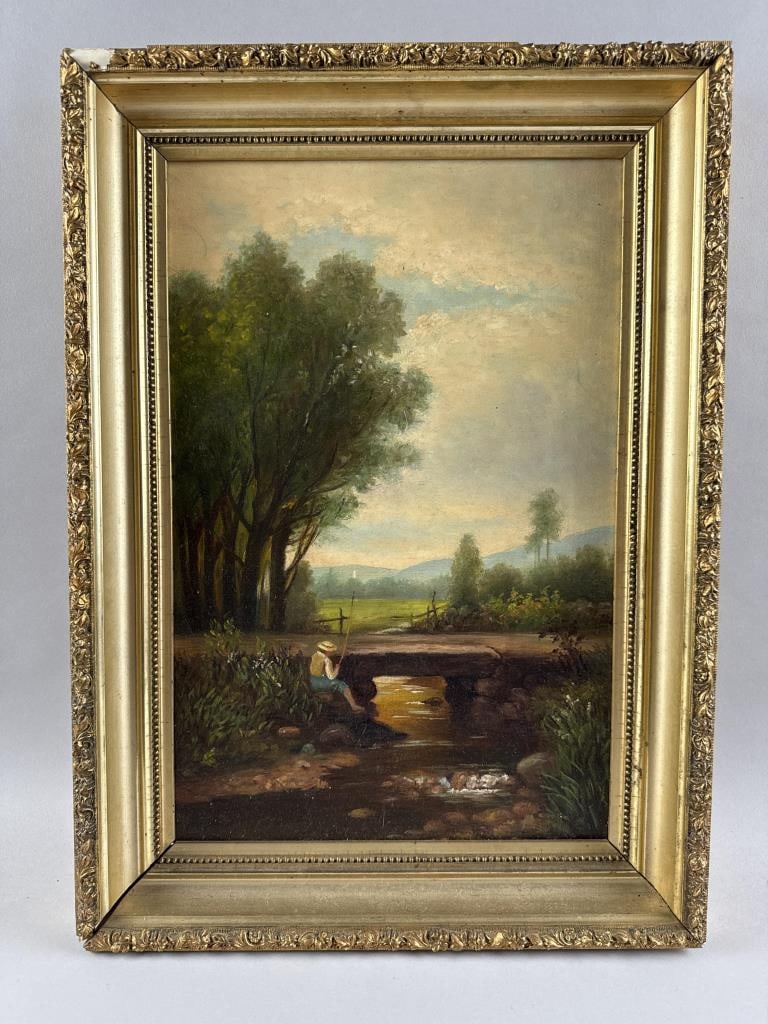 AMERICAN SCHOOL (Early 20th Century,), Fishing by a bridge., Oil on canvas, 18" x 12". Framed 22" x (1 of 2)