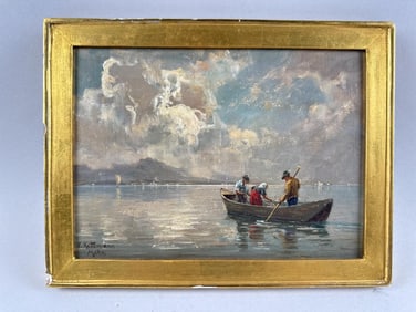 ERWIN KETTEMAN (Germany, 1897-1971), Fishing boat at Chiemsee, Germany., Oil on board, 6.25" x