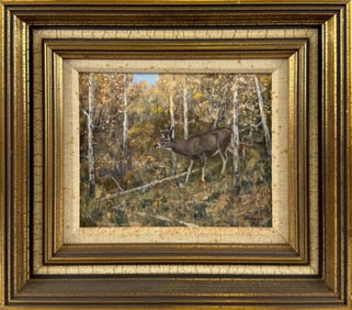 LESLIE HAMILTON (LES) PETERS (Montana/New York, 1916-2010), Buck in a fall landscape., Oil on board,