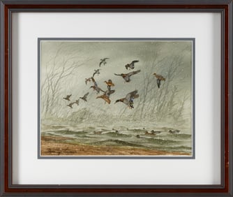 DAVID HAGERBAUMER (California/Illinois, 1921-2014), Incoming mallards in a snow squall., Watercolor