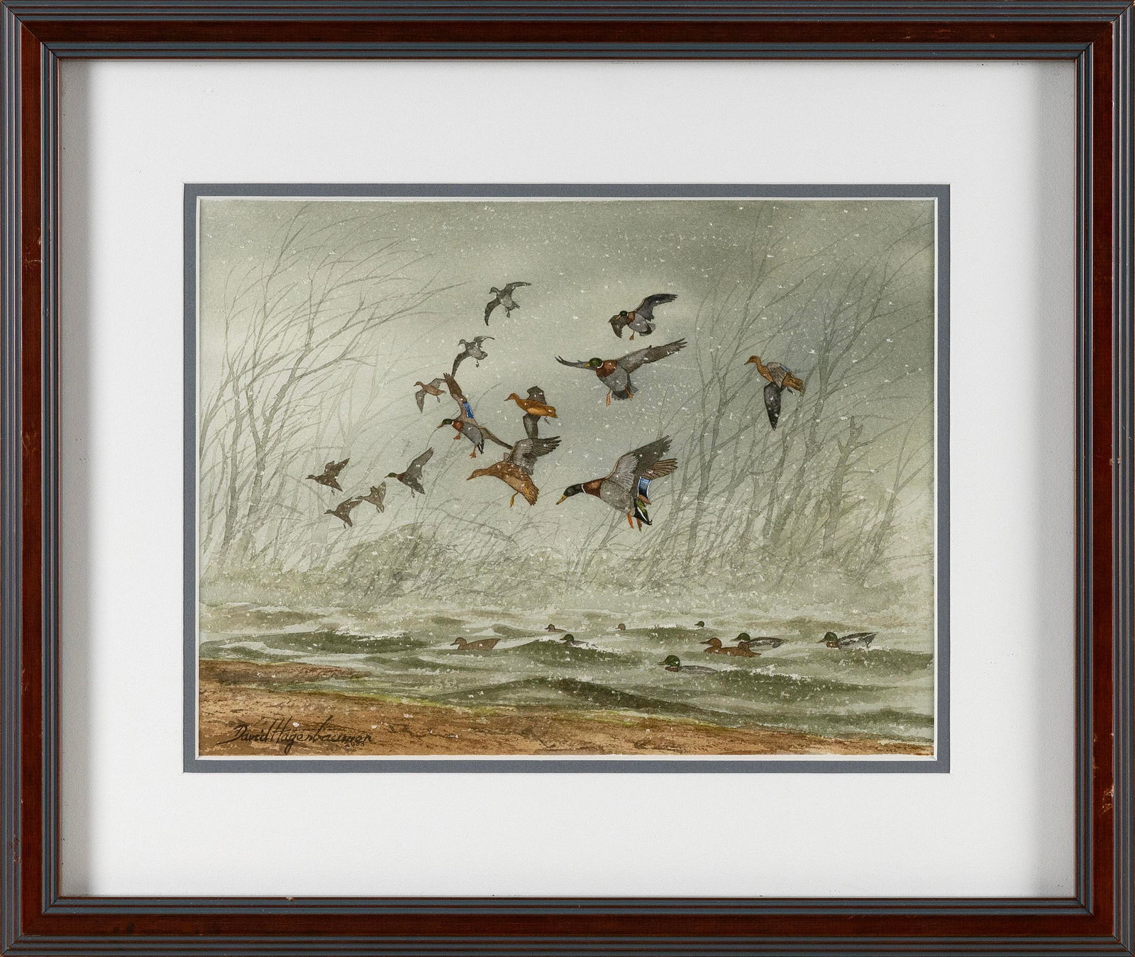 DAVID HAGERBAUMER (California/Illinois, 1921-2014), Incoming mallards in a snow squall., Watercolor (1 of 2)