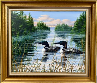 JAMES W. MADDOCKS (Massachusetts, Contemporary), Two loons., Oil on canvas, 20" x 24". Framed 26" x