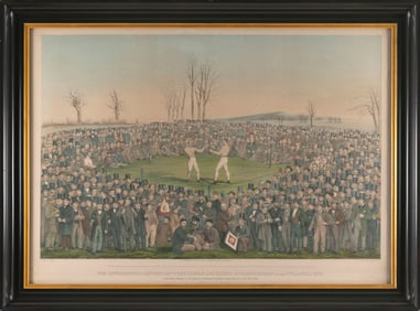 COLORED LITHOGRAPH "THE INTERNATIONAL CONTEST BETWEEN HEENAN AND SAYERS AT FARNBOROUGH, ENGLAND,