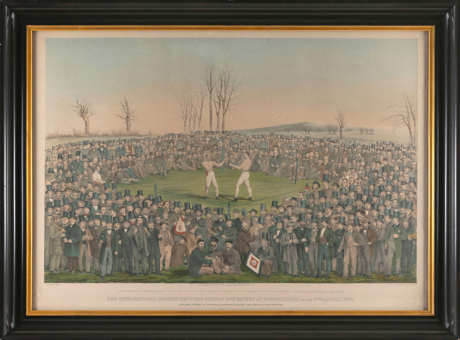 COLORED LITHOGRAPH "THE INTERNATIONAL CONTEST BETWEEN HEENAN AND SAYERS AT FARNBOROUGH, ENGLAND, (1 of 2)
