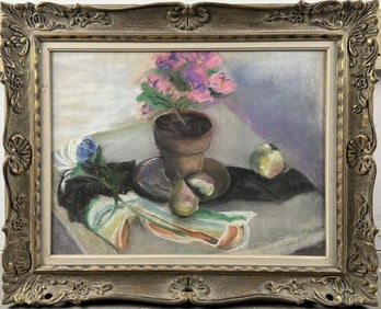 AMERICAN SCHOOL (20th Century,), Tabletop still life of a potted flowering plant and fruit., Pastel,