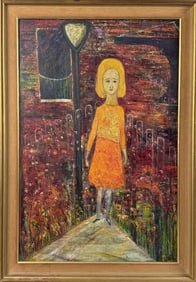 PORTRAIT OF A YOUNG GIRL IN AN URBAN GARDEN Oil on canvas, 36" x 24". Framed 40" x 28".