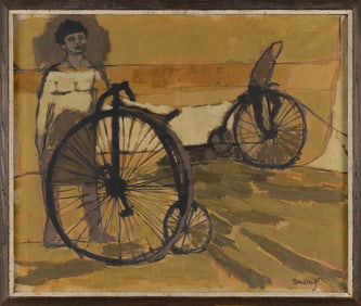 LAMBERT SAMUEL NORDBERG (California, 1886-1973), "Bicycles"., Oil on canvas, 29" x 35". Framed 32" x