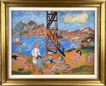 BRUNO KRAUSKOPF (Germany, 1892-1960), Nude beach, New Jersey., Oil on masonite, 19.75" x 25.5".