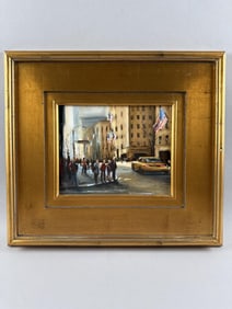 ERIC EMILE WALKER (Contemporary,), "Red, White and Blue", a city street scene., Oil on board, 7.5" x