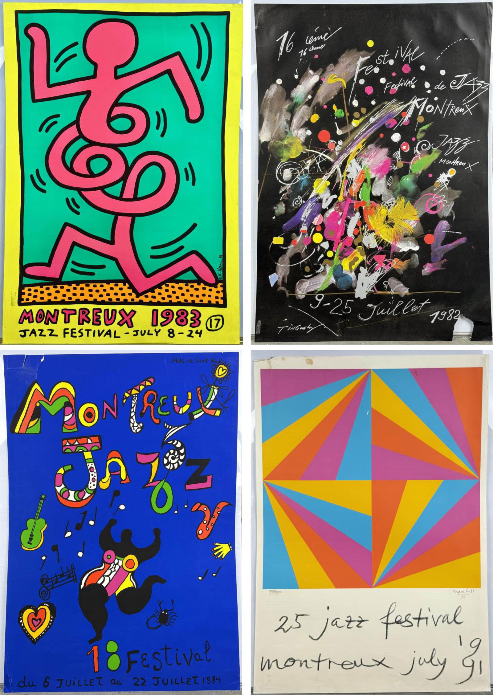 FOUR MONTREUX JAZZ FESTIVAL POSTERS Late 20th Century Sheets 39.5" x 27.5". Unframed.: FOUR MONTREUX JAZZ FESTIVAL POSTERSLate 20th CenturyIncludes color screenprints by Keith Haring (1983), Niki de Saint Phalle (1984) and Max Bill (1991), and an offset lithograph by Jean Tinguely (1982