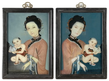PAIR OF CHINESE EXPORT REVERSE-PAINTED GLASS PORTRAITS Late 19th Century 19" x 13". Framed 22" x