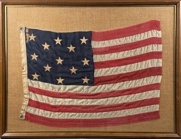 U.S. THIRTEEN-STARS ENSIGN Circa 1898 22" x 33". Framed 32" x 43".