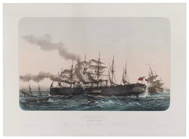 HAND-COLORED LITHOGRAPH "GREAT EASTERN CONSTRUIT A LONDRES PAR FEU MR. BRUNEL" 19th Century 14.375"