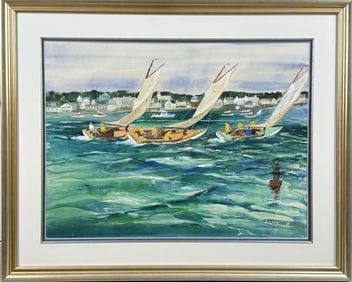 ROBERT DRISCOLL (Massachusetts, 1940-2008), Sailboat race., Watercolor on paper, 22" x 29". Framed