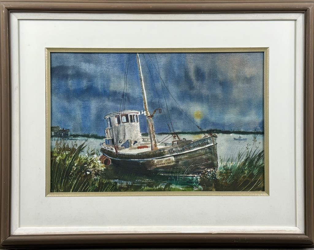 ROBERT DRISCOLL (Massachusetts, 1940-2008), Beached boat., Watercolor on paper, 13.5" x 21". Framed (1 of 2)