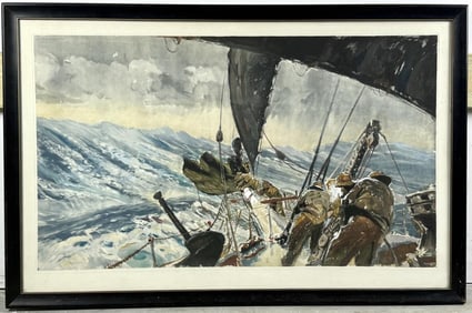 PRINT OF SAILORS IN HEAVY SEAS 20th Century 22" x 38" sight. Framed 28.5" x 43.5".