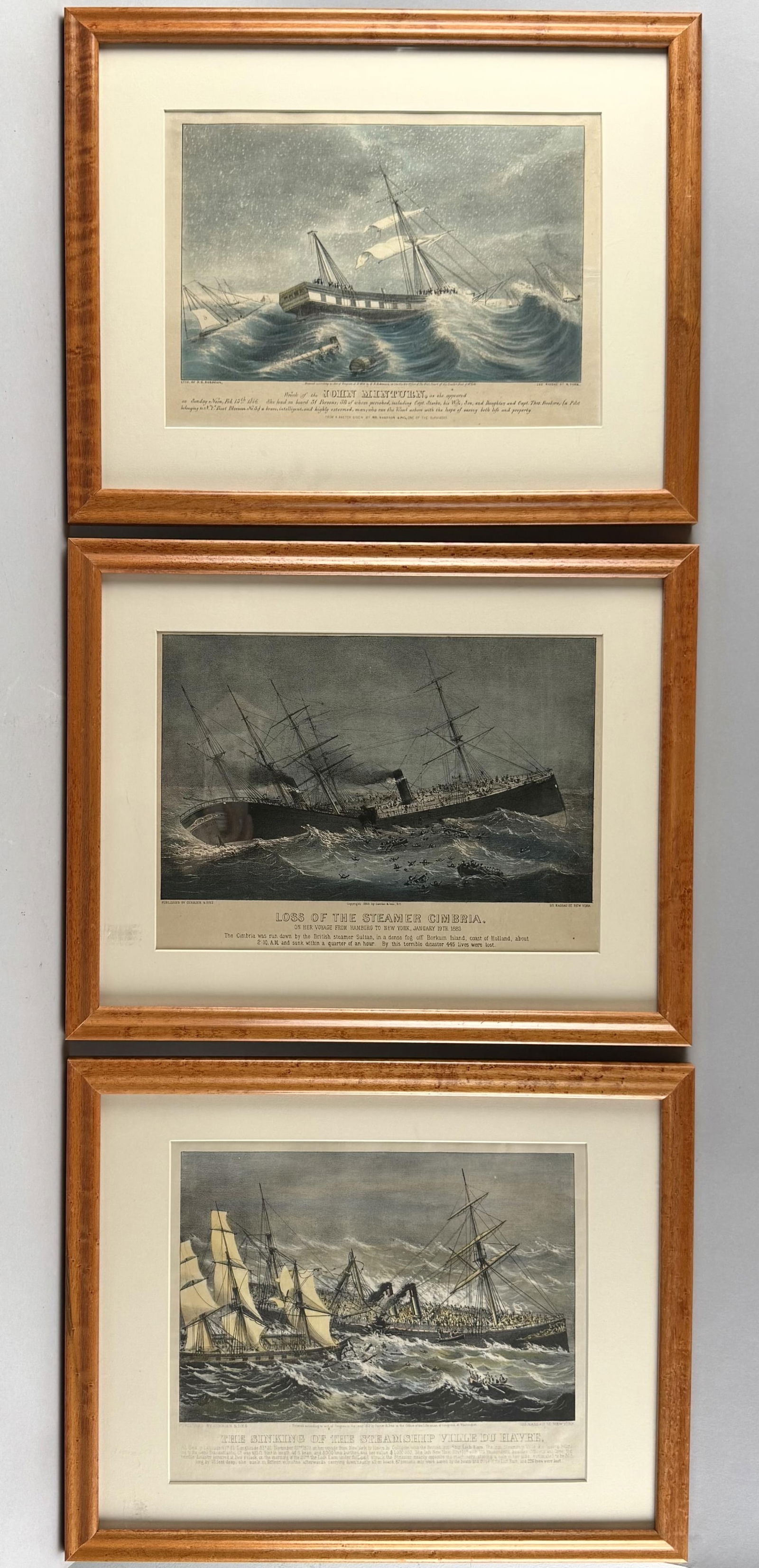 THREE HAND-COLORED SMALL FOLIO LITHOGRAPHS DEPICTING SHIPWRECKS 19th Century Each approx. 10" x (1 of 5)