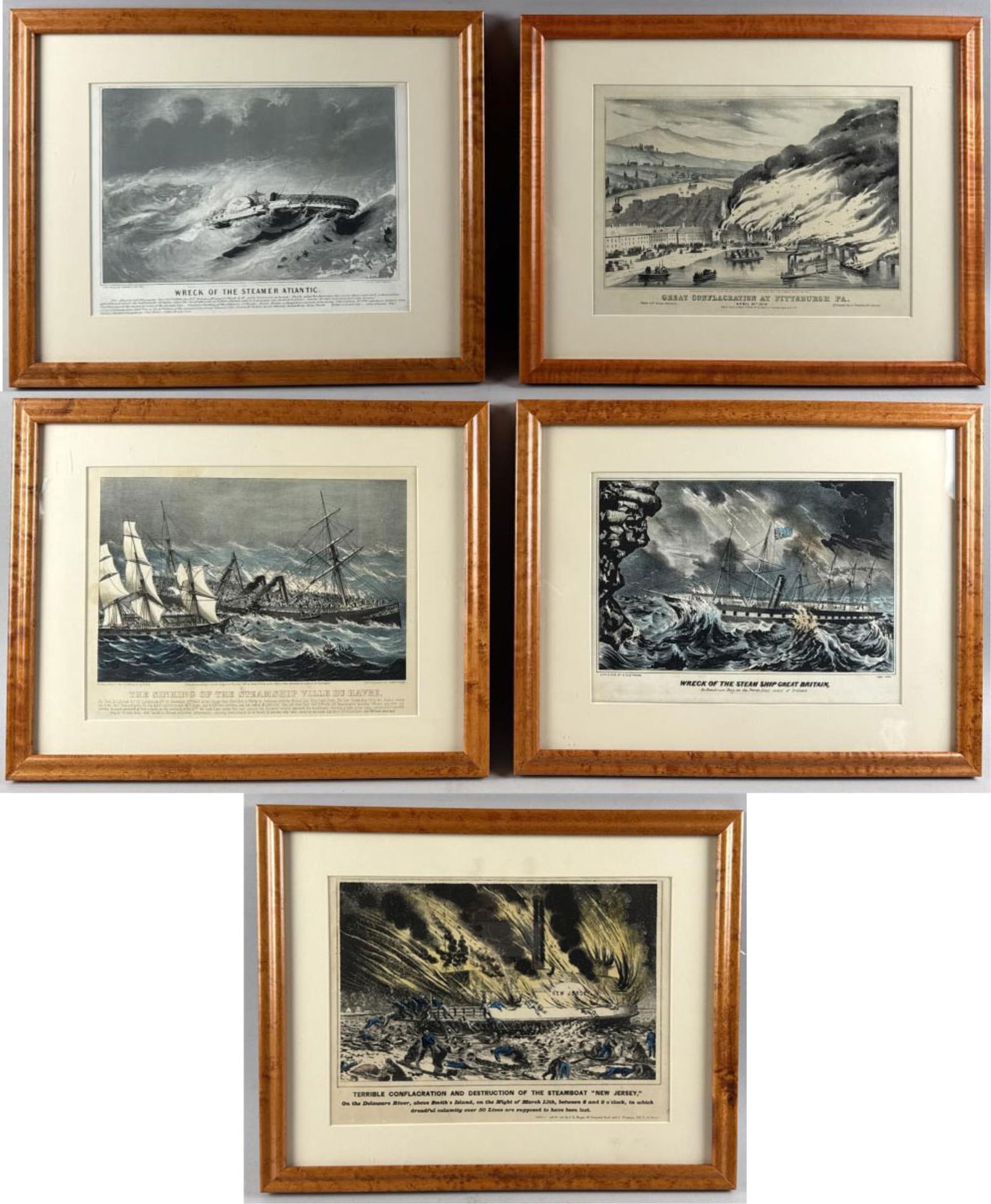 FIVE LITHOGRAPHS OF SHIP DISASTERS 19th Century Each approx. 10" x 13". Framed 16" x 20". (1 of 7)