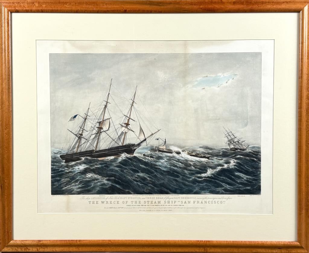 CURRIER & IVES HAND-COLORED LARGE FOLIO LITHOGRAPH "THE WRECK OF THE STEAM SHIP 'SAN FRANCISCO'" New (1 of 2)