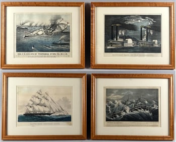FOUR CURRIER & IVES HAND-COLORED SMALL FOLIO LITHOGRAPHS New York, 19th Century Each approx. 9" x