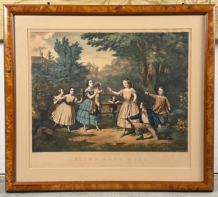 CURRIER & IVES HAND-COLORED LITHOGRAPH "BLIND MAN'S BLUFF" New York, 19th Century 17.5" x 20".