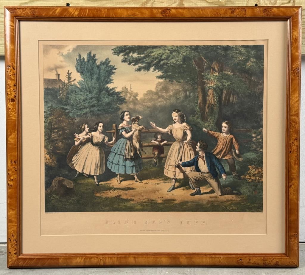 CURRIER & IVES HAND-COLORED LITHOGRAPH "BLIND MAN'S BLUFF" New York, 19th Century 17.5" x 20". (1 of 2)