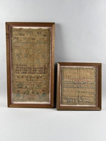 TWO NEEDLEWORK SAMPLERS 19th Century Framed 24.5" x 14" and 13.75" x 13".