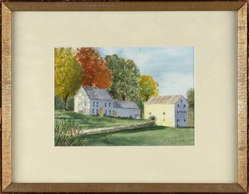 PAINTING OF A HOUSE AND BARN Contemporary Watercolor, 7" x 10" sight. Framed 13.5" x 17.75".