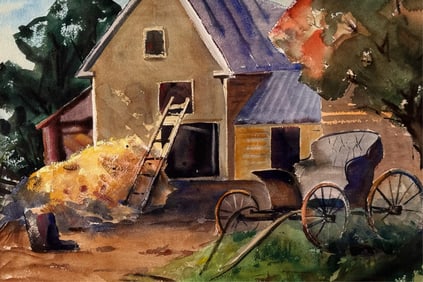 MARY TAYLOR BRYAN (Massachusetts/Vermont/New Mexico, 1907-1978), "Hay Barn and Carriage".,