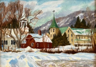 ARNOLD WHITMAN KNAUTH II (Massachusetts/New York, 1918-2017), Winter village scene., Oil on board,