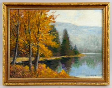 GEORGE FORREST PAYNE (Vermont, 1878-1955), Autumn scene with pond., Oil on board, 12" x 16". Framed