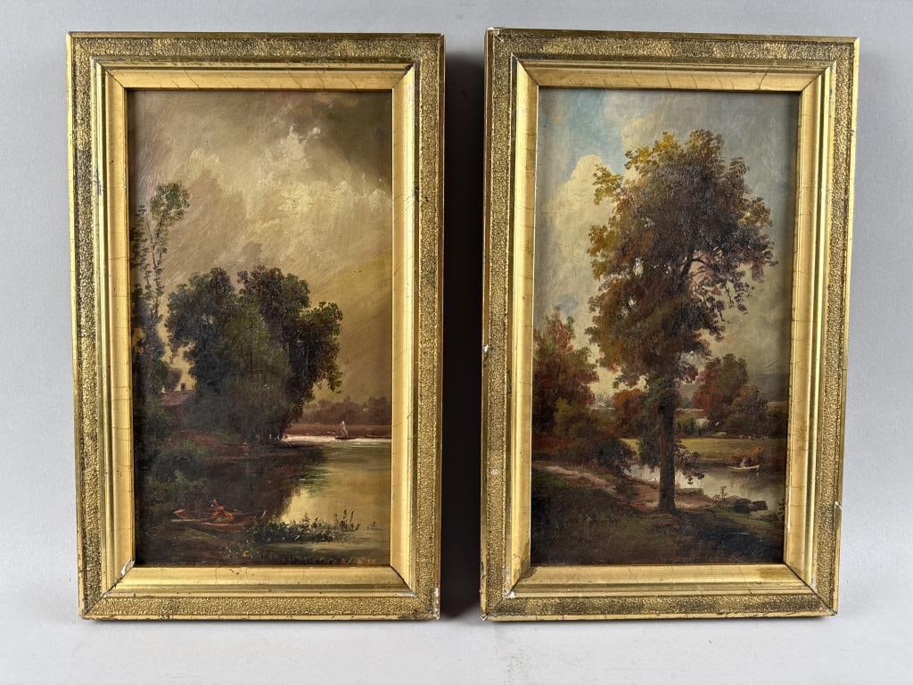AMERICAN SCHOOL (Late 19th Century,), Pair of landscapes, likely New England., Oils on canvas, 12.5": AMERICAN SCHOOL Late 19th Century Pair of landscapes, likely New England. Unsigned. Oils on canvas, 12.5" x 7". Framed 15" x 9.5".