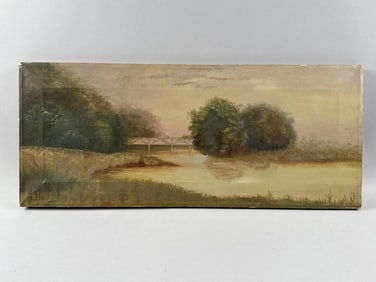 AMERICAN SCHOOL (Early 20th Century,), Landscape with bridge., Oil on canvas, 10" x 24". Unframed.