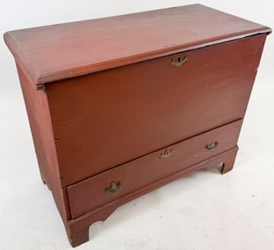 RED PAINTED PINE BLANKET CHEST 19th Century Height 31". Width 38". Depth 18".