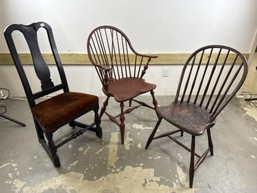 THREE CHAIRS Back heights from 35.5" to 41". Seat heights approx. 18".